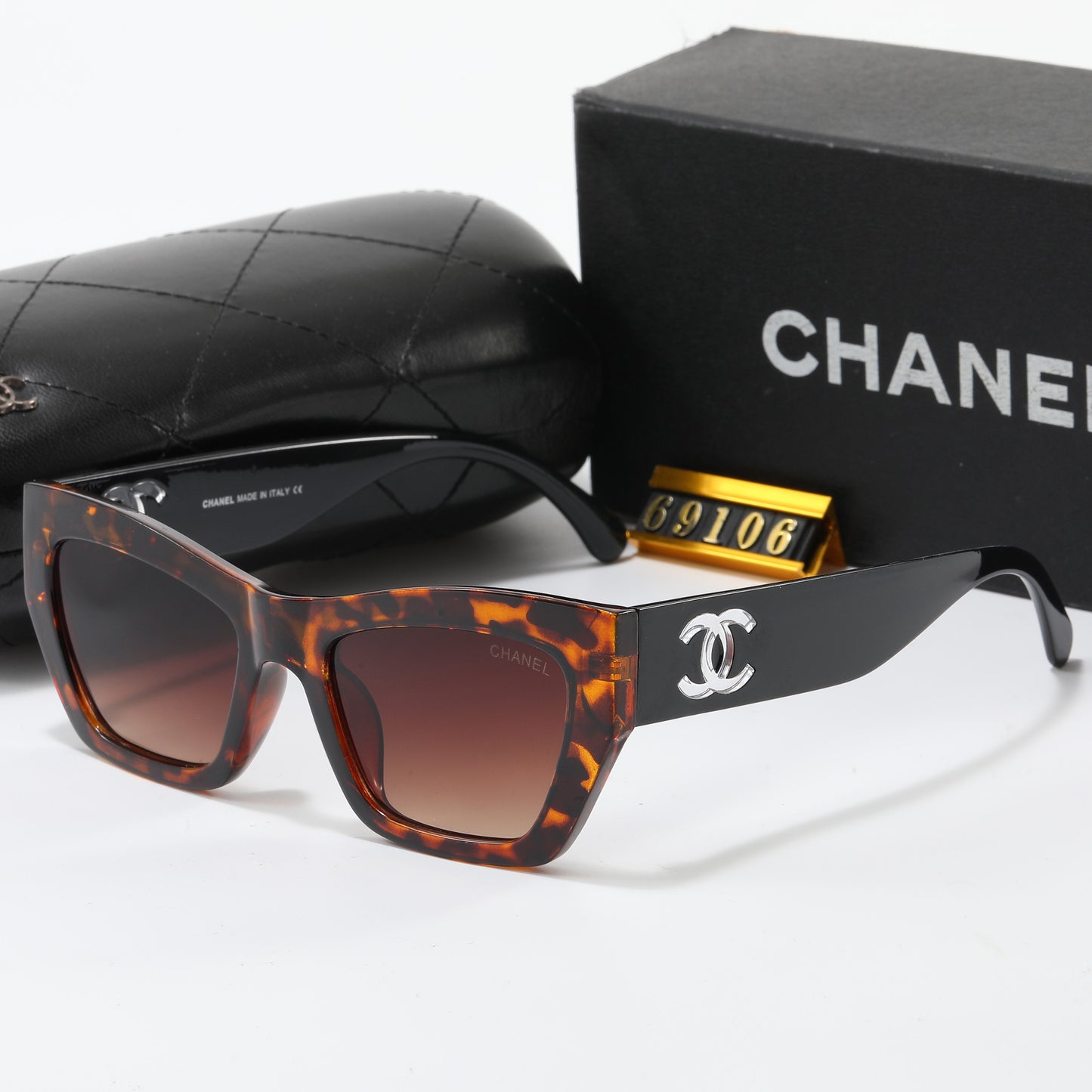 Chanel CC Black Cheetah print style brown tint sun glasses